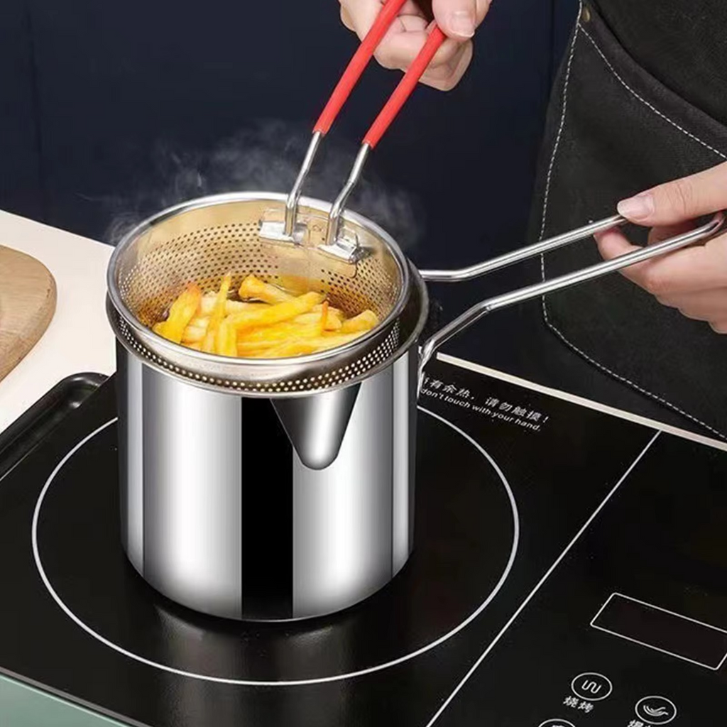 Stainless Steel Deep Fryer Pot with Strainer – Heavy-Duty Frying Pan for Home Kitchen Use – 1200ML Oil Capacity