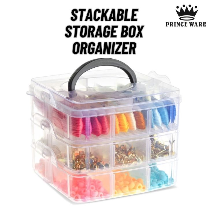 2-Layer Adjustable Storage Organizer Box (6+6 Compartments) – Multipurpose Plastic Storage Case with Handle
