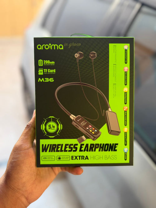 Aroma A36 Wireless Neckband Bluetooth Handfree with LED Display, TF Card Support & Extra Bass – Long Battery Life