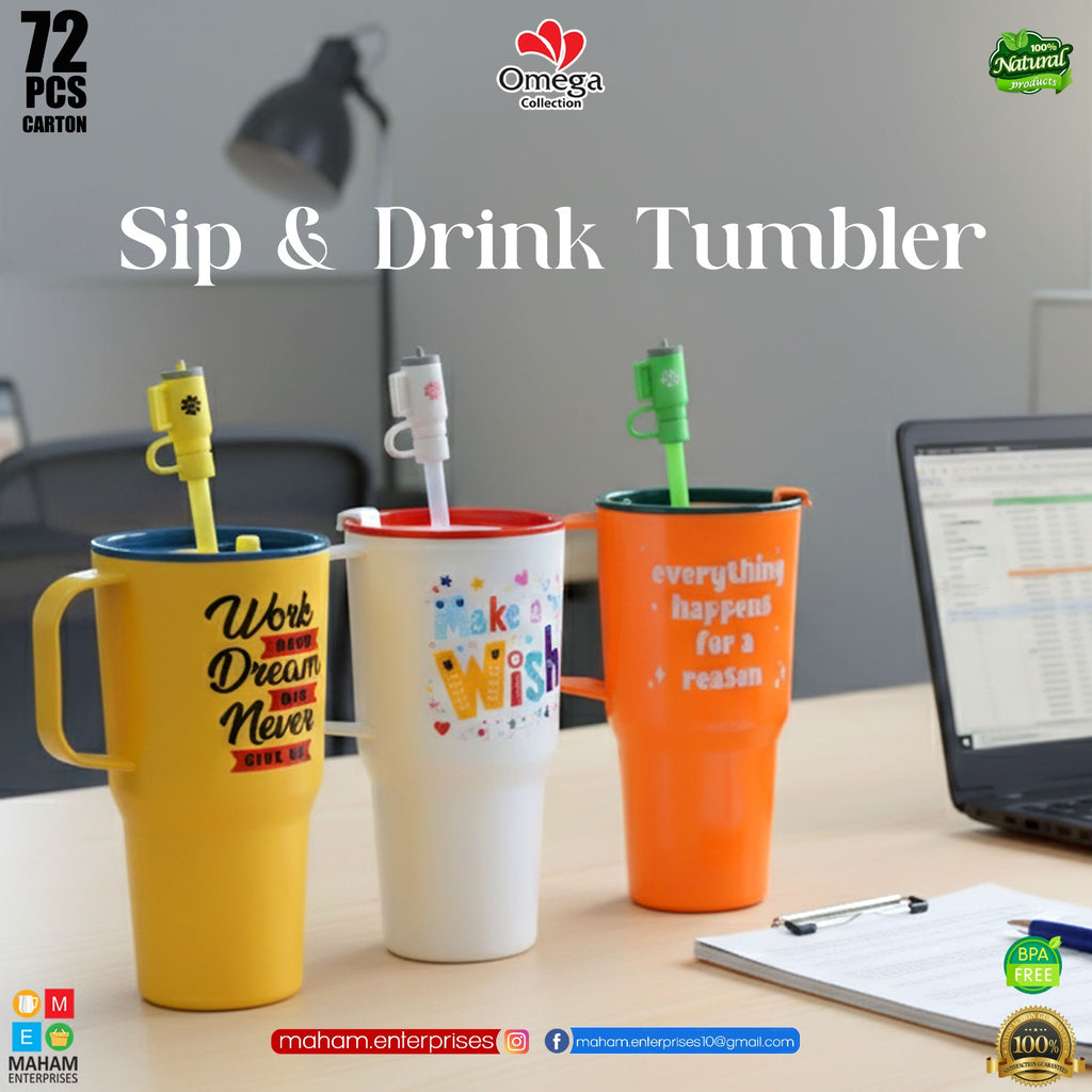 Sip & Drink Plastic Tumbler with Straw – BPA Free Travel Mug | Leak-Proof Lid | Stylish Printed Coffee Cup
