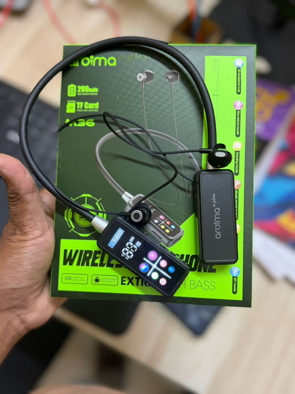 Aroma A36 Wireless Neckband Bluetooth Handfree with LED Display, TF Card Support & Extra Bass – Long Battery Life