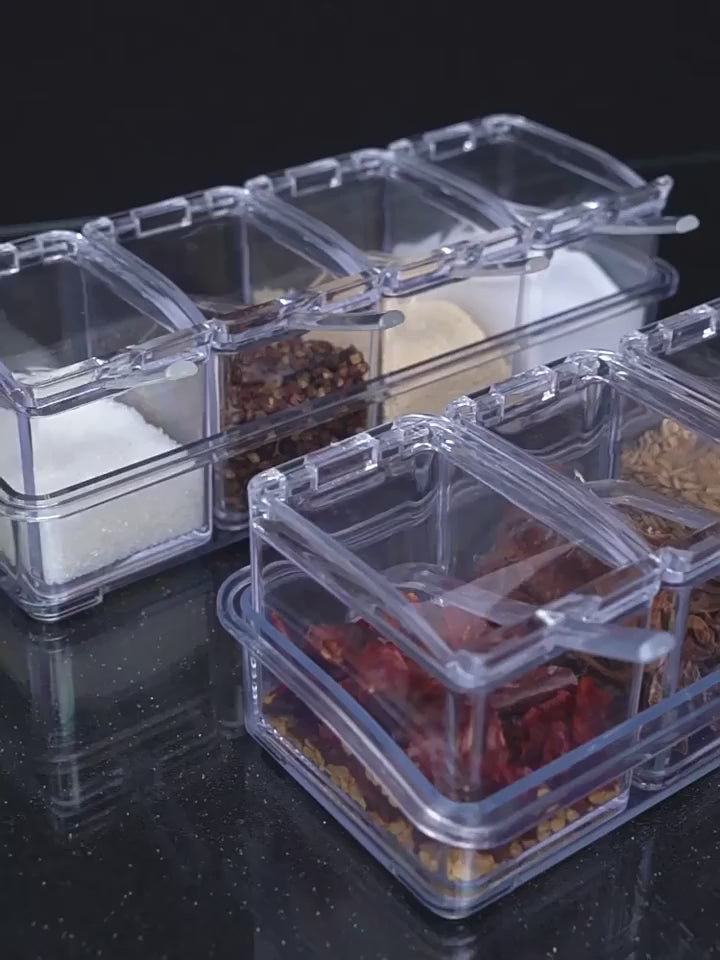 Crystal Seasoning Box With 4 Compartments And Spoons – Transparent Spice Storage Container Set For Kitchen Organization