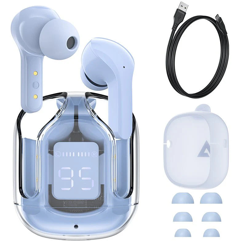 T6 Transparent Wireless Earphones – Smart LED Battery Display & Noise Isolation 🎶