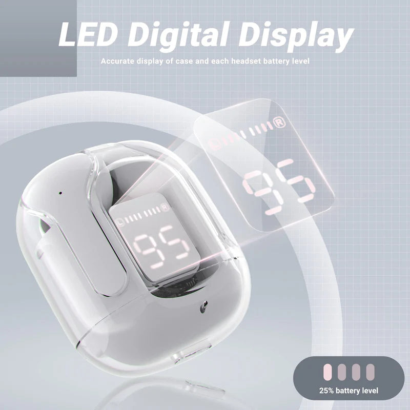T6 Transparent Wireless Earphones – Smart LED Battery Display & Noise Isolation 🎶