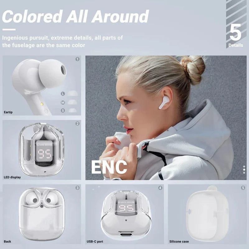 T6 Transparent Wireless Earphones – Smart LED Battery Display & Noise Isolation 🎶