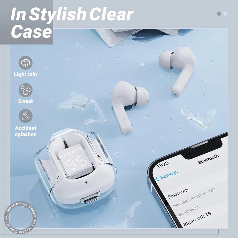 T6 Transparent Wireless Earphones – Smart LED Battery Display & Noise Isolation 🎶
